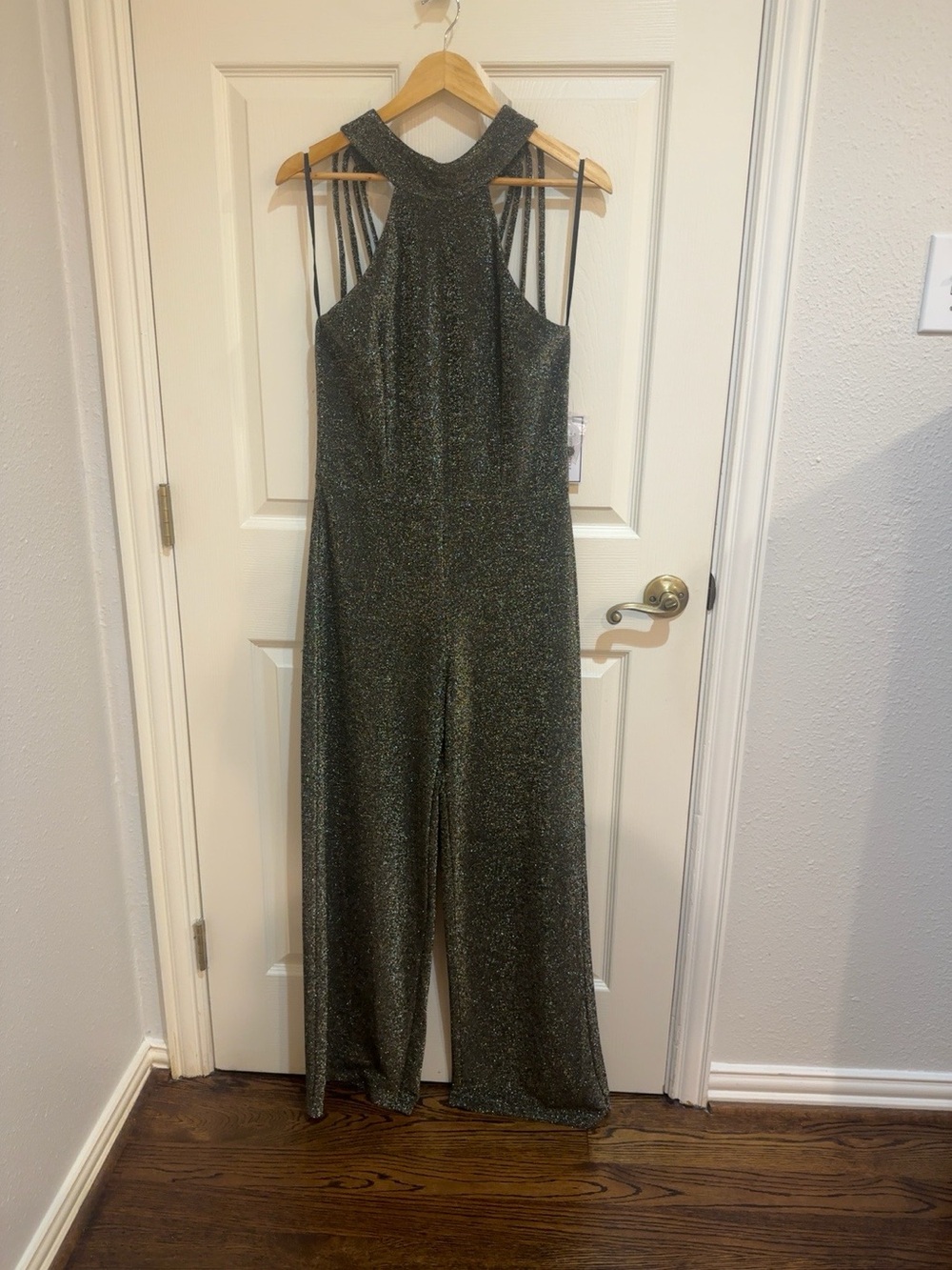 NWT Premier Amour Black Gold Metallic Halter Wide Leg Jumpsuit Size 10
